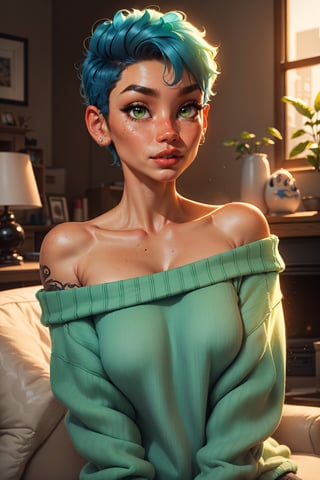 Style: disney, (pixar), 3d, cartoon, realistic, realism, (epic:1.2), trending on artstation, (high quality:1.2), (masterpiece:1.2) , (8k resolution) , high details, incredibly absurdres, color connection, colorized, colorful, sexy, nsfw, seductive),
(1girl mid twenty, latina face, freckles, (blue short hair), shaved sides, medium breasts, tattooed,  sw3ater, (green sweater:1.22), off-shoulder sweater, fuzzy sweater,
(Backround: cozy, wholsome, warm, living room)
