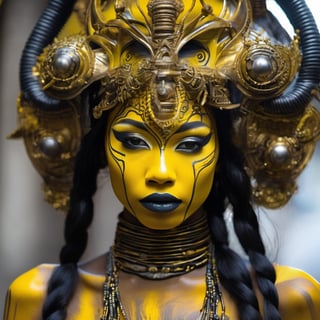 An incredible display of the state of the art in body painting with two breathtaking very dark-skinned slim 14-year-old Cambodian girls with very long incredibly vibrant yellow hair wearing only professionally applied bright yellow body paint in an Artgerm, Jean Tinguely, Bastien Lecouffe-Deharme, H.R Giger; Beautiful Techincal Biomechanical Goddess.