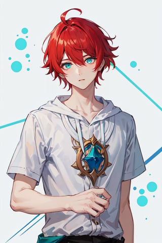 ((masterpiece, best quality)),alhaitham\(genshin impact\), boy,solo, (RED hair, bangs), upper body, looking at viewer,aqua eyes, glowing eyes, scarlet hair,(symmetrical eyes), short hair,hair between eyes, swept bangs,  parted bangs, character focus, detailed, red hair, five finger