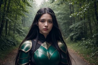 (masterpiece,  best quality),  (Soft light), ((A  warrior woman standing alone at forest at night , very dark 
 night,(she is holding a big green sword,blade is glowing in green,she is holding the sword upside down), green leaves flowing around, (she is wearing a dark metal armour,black metal), green eyes,  (blood on forhead), long elegant straight hair,hair flowing in the wind, photorealistic,  ))lluminated in a photorealistic face,  extremely high-quality RAW photograph, detailed background,  intricate,  Exquisite details and textures,  highly detailed,  ultra-detailed photograph, green lighting ,  detailed skin,  detailed eyes,  outdoors, dark night,  cinematic light,  film still, Movie Still,  Film Still,  Cinematic,  Cinematic Shot,  Cinematic Lighting, long shot,
