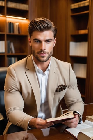 whole-body-shot, high-status man, muscular, 25 years old, wearing a beige blazer, brown gel hair,, in luxury office, reading a book