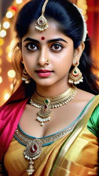 best quality,masterpiece,realistic,hyper detailed,8K,HDR,an Instagram model ,divya bharti ,big breast ,traditional dress ,Close up ,breast ,small eyes ,look at the camera ,look at front viewer 