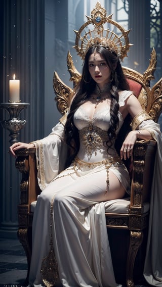 The High Priestess Persephone sits on a throne, the high Priestess tarot card, highly detailed, high quality, 8k, ethereal, serene, atmospheric, symbolism, stunning visuals, intricate, aesthetic