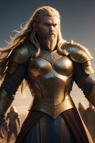 Masterpiece of Midgardian majesty: a majestic figure stands tall in the heart of Midgard, bathed in soft, golden light. Every intricate detail, from the finest armor plating to the wispiest strands of hair, is rendered with exquisite realism (1.75) and high-resolution precision. The subject's full body is depicted in 64k glory, showcasing the artistry of this magnificent illustration.