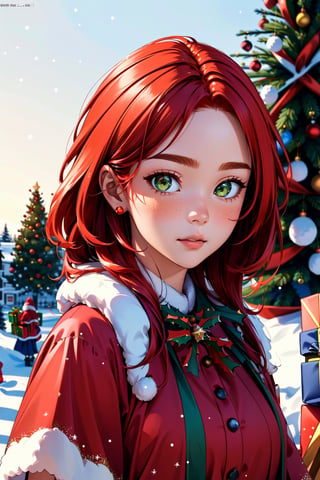 8k wallpaper, awesome, (((masterpiece))), (((best quality))), ((ultra detailed)), (illustration), dynamic angle, red hair, red skimpy dress, a coat, fur, detailed cute face, an extremely delicate and beautiful girl, ((Christmas tree)), (gifts=1.35), snow, Christmas, broken glass, outside,