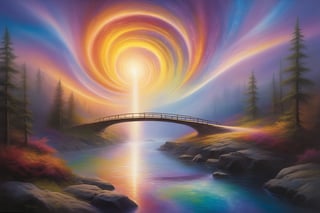 A glowing with an otherworldly light as a swirling vortex of colors and energies pours out, enveloping the surrounding environment in an ethereal aura. A shimmering bridge of light connects the two dimensions, beckoning viewers to step through into the unknown.