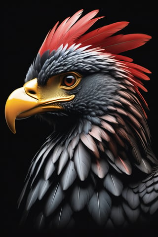 A majestic griffin's head emerges from a sleek black backdrop, profile perfectly framed for dramatic effect. Golden beak gleams against vibrant plumage, bursting forth in shades of black and red, each feather meticulously rendered in high definition. Logo radiates unique brilliance, intricate details leaping out from darkness, featuring the majestic creature's proud visage.