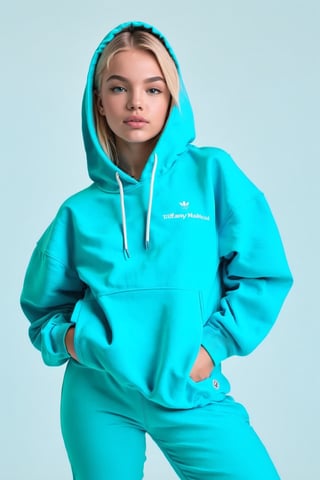 A realistic photo of a very young, blonde girl wearing a sporty outfit made of tiffany blue hoodie and matching sweatpants, both featuring front pockets. The girl should be captured in a natural and playful pose, radiating youthful energy. The tiffany blue color of the outfit should pop against the backdrop, and the hoodie's pockets should be highlighted. The aspect ratio should be 3:4, creating a balanced composition that captures the essence of her active and vibrant nature.,Movie Still