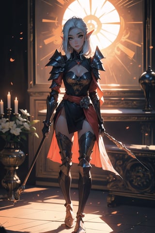 ((Masterpiece, best quality, ultra-detailed)), (detailed background), (pretty face), One female elf, beautiful sun light shining down on her, bright yellow eyes, light peach color skin, white_hair, straight_hair, hair passing waist, armor shoulder plates, chest armor plates slightly revealing cleavage, legs armor plates slightly revealing legs, one magical staff, full body stance, depth of view, (best shadow, best gray shader, ultra detailed), (detailed background), (beautiful detailed face, beautiful detailed eyes), High contrast, (best illumination, an extremely delicate and beautiful)