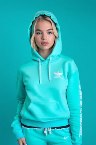 A realistic photo of a very young, blonde girl wearing a sporty outfit made of tiffany blue hoodie and matching sweatpants, both featuring front pockets. The girl should be captured in a natural and playful pose, radiating youthful energy. The tiffany blue color of the outfit should pop against the backdrop, and the hoodie's pockets should be highlighted. The aspect ratio should be 3:4, creating a balanced composition that captures the essence of her active and vibrant nature.,Movie Still