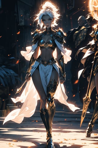 ((Masterpiece, best quality, ultra-detailed)), (detailed background), (pretty face), One female vampire, beautiful sun light shining down on her, bright yellow eyes, light peach color skin, white_hair, straight_hair, hair passing waist, armor shoulder plates, chest armor plates slightly revealing cleavage, legs armor plates slightly revealing legs, one magical staff, ((full body stance)), depth of view, (best shadow, best gray shader, ultra detailed), (detailed background), (beautiful detailed face, beautiful detailed eyes), High contrast, (best illumination, an extremely delicate and beautiful)