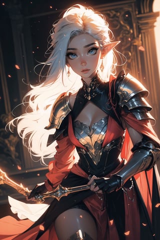 ((Masterpiece, best quality, ultra-detailed)), (detailed background), (pretty face), One female elf, beautiful sun light shining down on her, bright yellow eyes, light peach color skin, white_hair, straight_hair, hair passing waist, armor shoulder plates, chest armor plates slightly revealing cleavage, legs armor plates slightly revealing legs, one magical staff, full body stance, depth of view, (best shadow, best gray shader, ultra detailed), (detailed background), (beautiful detailed face, beautiful detailed eyes), High contrast, (best illumination, an extremely delicate and beautiful)