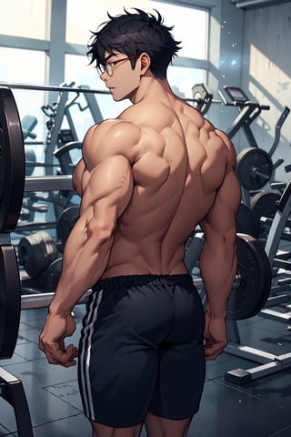 1teen anime, young guy, half glasses, Medium muscles in a gym, working out, Sci-Fi, Bodybuilding, inspired by Kim Eung-hwan, skinny, backwards, With your eyes looked back, medium muscles, big strong shoulders, inspired by Yeong-Hao Han, Super buff and cool, skinny,seamus_celeryman,welt yang,yukio_okumura