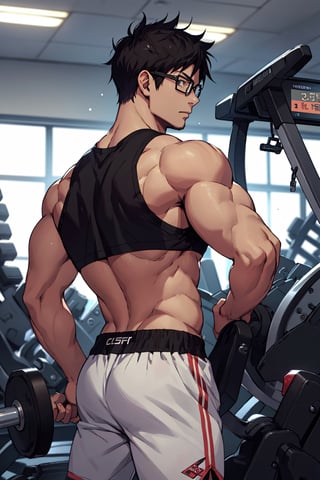 1teen anime, young guy, half glasses, Medium muscles in a gym, working out, Sci-Fi, Bodybuilding, inspired by Kim Eung-hwan, skinny, backwards, With your eyes looked back, medium muscles, big strong shoulders, inspired by Yeong-Hao Han, Super buff and cool, skinny,seamus_celeryman,welt yang,yukio_okumura