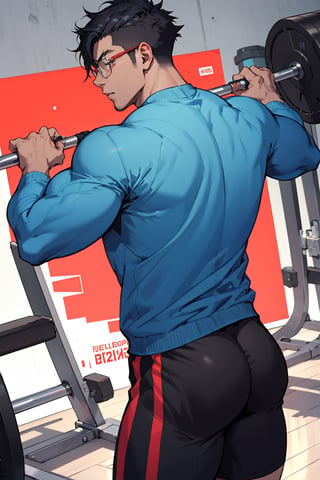 1teen anime, young guy, half glasses, Medium muscles in a gym, working out, Sci-Fi, Bodybuilding, inspired by Kim Eung-hwan, skinny, backwards, With your eyes looked back, medium muscles, big strong shoulders, inspired by Yeong-Hao Han, Super buff and cool, skinny,seamus_celeryman,welt yang,yukio_okumura