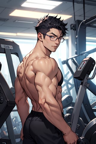 1teen anime, young guy, half glasses, Medium muscles in a gym, working out, Sci-Fi, Bodybuilding, inspired by Kim Eung-hwan, skinny, backwards, With your eyes looked back, medium muscles, big strong shoulders, inspired by Yeong-Hao Han, Super buff and cool, skinny, 