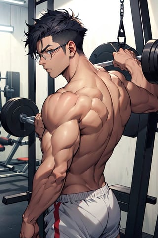 1teen anime, young guy, half glasses, Medium muscles in a gym, working out, Sci-Fi, Bodybuilding, inspired by Kim Eung-hwan, skinny, backwards, With your eyes looked back, medium muscles, big strong shoulders, inspired by Yeong-Hao Han, Super buff and cool, skinny, 