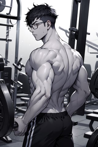 1teen anime, young guy, half glasses, Medium muscles in a gym, working out, Sci-Fi, Bodybuilding, inspired by Kim Eung-hwan, skinny, backwards, With your eyes looked back, medium muscles, big strong shoulders, inspired by Yeong-Hao Han, Super buff and cool, skinny,seamus_celeryman,welt yang,yukio_okumura