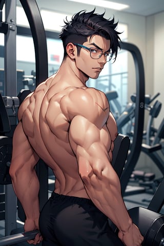 1teen anime, half glasses, Medium muscles in a gym, working out, Sci-Fi, Bodybuilding, inspired by Kim Eung-hwan, backwards, With your eyes looked back, medium muscles, big strong shoulders, inspired by Yeong-Hao Han, Super buff and cool, skinny