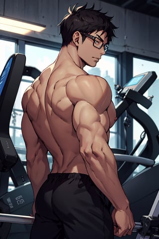 1teen anime, young guy, half glasses, Medium muscles in a gym, working out, Sci-Fi, Bodybuilding, inspired by Kim Eung-hwan, skinny, backwards, With your eyes looked back, medium muscles, big strong shoulders, inspired by Yeong-Hao Han, Super buff and cool, skinny,seamus_celeryman,welt yang,yukio_okumura