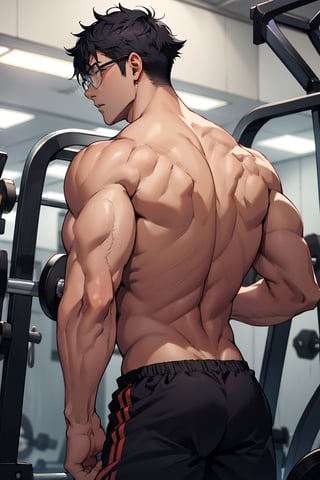 1teen anime, young guy, half glasses, Medium muscles in a gym, working out, Sci-Fi, Bodybuilding, inspired by Kim Eung-hwan, skinny, backwards, With your eyes looked back, medium muscles, big strong shoulders, inspired by Yeong-Hao Han, Super buff and cool, skinny,seamus_celeryman,welt yang,yukio_okumura