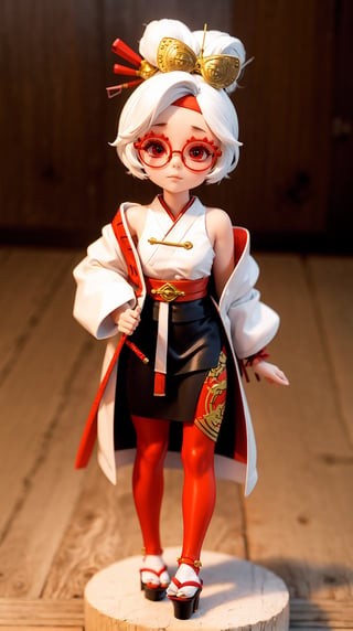 purah, red glasses, hair ornament, hair stick, red headband, white shirt, bare shoulders, white jacket, black skirt, orange leggings, high heels, ceramic texture, miniature,mini\(ttp\), village, japan