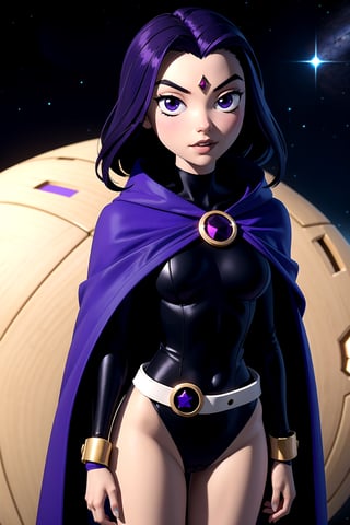 Raven,
Teen Titans,
1 girl, purple cape, black bodysuit, golden belt, gem bindi, stars, dark, dark theme, swimsuit,sleeves, space, 