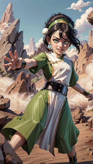 black hair, belt, short hair, white eyes, hair bun, green hairband,chinese clothes, green dress, short sleeves, pelvic curtain, brown stones, mountain, dust, fighting stance, female child, happy