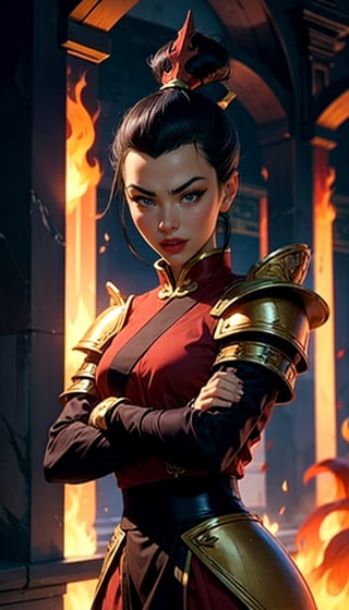 azula, 1 girl, blue fire:1.2, ornaments, ancient palace, natural light, realistic, lipstick, makeup, ponytail, topknot, blue lighting, metallic,r1ge, blue, shoulder armor, kung fu pose, smile 