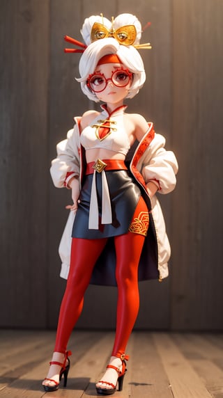 purah, red glasses, hair ornament, hair stick, red headband, white shirt, bare shoulders, white jacket, black skirt, orange leggings, high heels, ceramic texture, miniature,mini\(ttp\)