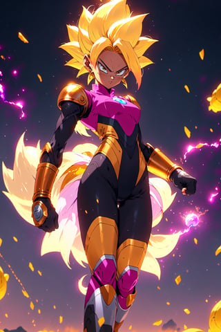 1girl, fasha,  eraings, saiyan armor,white gloves 1 tail, white boots, monkey tail, ,Ki Charge,r1ge, golden hair, yellow hair, girl:1.4, pink leotard, glowing, flying debris, magic, aura, bike short, fist, dragon ball,Zangya_DB, dark