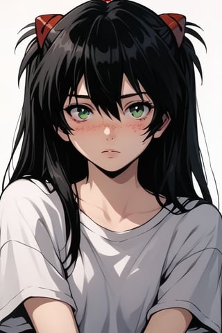 source_anime, score_9, score_6_up, score_5_up,  ,g4n1m3,4rc4n3,  ayanami_rei, asuka_langley_souryuu, black hair, green eyes, neckline, freckles, blushed, 