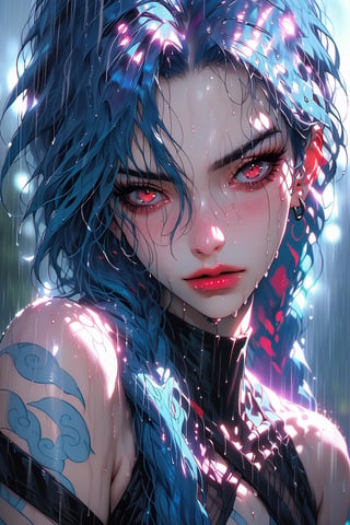 score_9, score_8_up, score_7_up, source_anime, 
ahoge, red eyes,  purple blue  hair, light abs, , very long hair, rainy day, fog, night, wet floor,    ,jinx (league of legends),JinxKaryln,g4n1m3, portrait, close up, pale skin, canine, ulg,