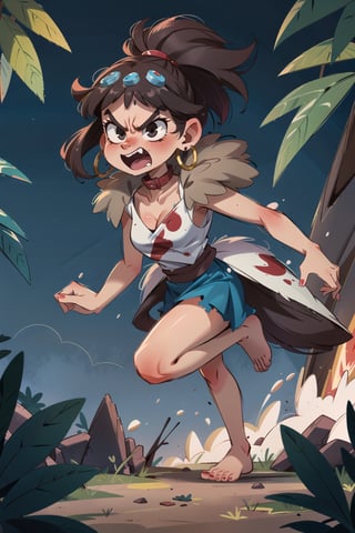 8k, best quality, 1girl, solo, portrait of beautiful princessmononoke, brown hair, black eyes, bone earings, red paint on face, collar bone, furry coat, blue torn skirt, barefeet, circlet, angry face, yelling, 
lance, full body, jungle, dynamic pose, running,