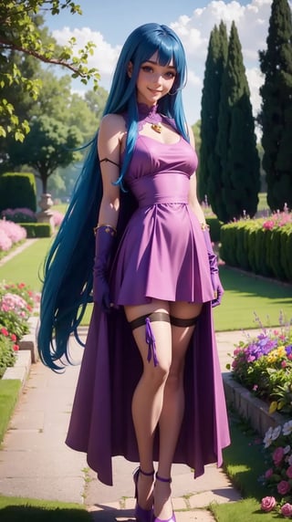 BiBa, 1 girl, blue long hair, blue hair, pink dress:1.5, pink skirt dress,  loose dress:1.2, dark purple large purple gloves,  stockings, red heels,me!me!me!, realistic, smile, laying, garden, field, flowers,