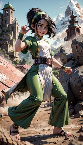 black hair, belt, short hair, white eyes, hair bun, green hairband,chinese clothes, green dress, short sleeves, pelvic curtain, brown stones, mountain, dust, fighting stance, female child, happy