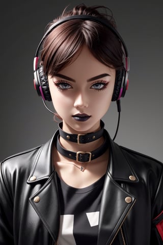 very realistic, superb resolution, ultra high definition, hyper detailed, extremely sharp, masterpiece, good composition, light mapping, chroma, centered well, vivid, vibrant, colorful, aesthetical perspective, goth punk hipster, headphones, high collar jacket, synth t-shirt