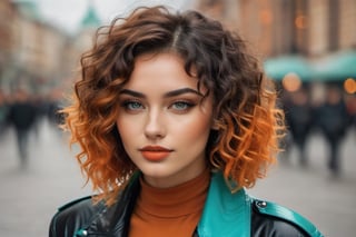 Create a beautiful russian 22 year old woman with turquoise wavy curly chin length hair, orange colored, black jacket.photo r3al,detailmaster2,aesthetic portrait