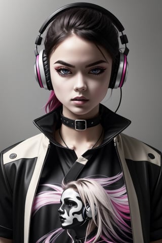 very realistic, superb resolution, ultra high definition, hyper detailed, extremely sharp, masterpiece, good composition, light mapping, chroma, centered well, vivid, vibrant, colorful, aesthetical perspective, goth punk hipster, headphones, high collar jacket, synth t-shirt