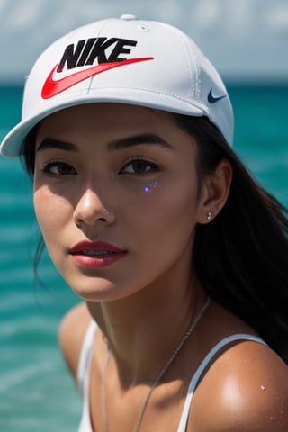 a woman dancing in the sea, shot with Sony Alpha a9 II and Sony FE 200-600mm f/5.6-6.3 G OSS lens, natural ligh, hyper realistic photography, ultra detailed |Ultra detailed, water particles everywhere ((Face beautiful, repaired face)), close-up shot, a cap with the (Nike) logo|–v3 –best