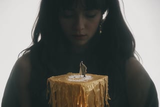 There is a woman holding a cake with a candle, an ethereal still, Still from a music video, Still from a video, Still from a fantasy film, 8K surrealism, Screenshot from YouTube video, Overlord Billie Eilish, Still frame from a live action movie, still frame from a movie, in this ominous scene, Holly Herndon Origami Statue