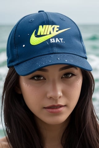 a woman dancing in the sea, shot with Sony Alpha a9 II and Sony FE 200-600mm f/5.6-6.3 G OSS lens, natural ligh, hyper realistic photography, ultra detailed |Ultra detailed, water particles everywhere ((Face beautiful, repaired face)), close-up shot, a cap with the (Nike) logo|–v3 –best