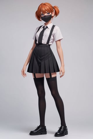 character sheet, orange haired girl, student clothes, light blue background, beautiful, good hands, full body,looking to the camera, good body, 18 year old girl body,school shoes, school skirt, school shirt, black shoes, sexy pose, full_body, with small earrings, character_sheet, fashionable hairstyle, school_uniform, shoes_black, with black mask, face_clothmask_black ,school_shoes_black,arcane style,
, clothes with accessories, denier tights in beige, stockings_colorbeige, Reclaimed Vintage side cut out tights in black, clothes sexy, Bluebella garter suspender in black