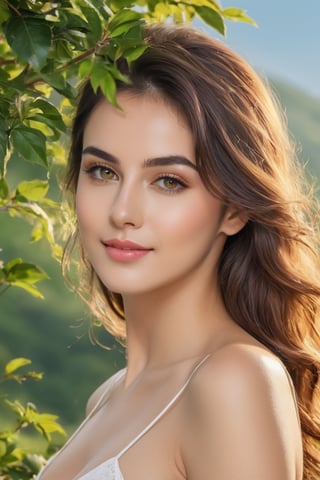 Create a yoursself as female beauty, high detailed, nature background, photo realistic, high quality,ssmiling, wide range of colours.,photo r3al,detailmaster2