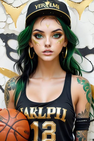 Yerlim12k ultra HD . a very pretty realistic girl , with Green eyes , with tattoos, wearing a black With golden living top with the text " Atipiri " "Ai" with cap ,extravagant colored hair style, with black and Golden Ball basketball. Cracked white wall With Golden cracked backgraund, illustration, photo