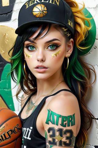 Yerlim12k ultra HD . a very pretty realistic girl , with Green eyes , with tattoos, wearing a black With golden living top with the text " Atipiri " "Ai" with cap ,extravagant colored hair style, with black and Golden Ball basketball. Cracked white wall With Golden cracked backgraund, illustration, photo