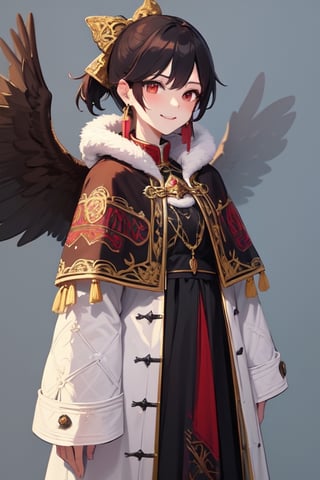 (absurdres, newest), 1girl, solo, red hair, looking_at_viewer, light_smile, two-tone_dress, earrings,  white skin, high_ponytail, looking_at_viewer, light_smile, small, ,bow, long_hair, hair_bow, green_bow, red_eyes, wings, black_hair, black_wings, smile, brown_hair, cape, breasts, ,(intricate),(masterpiece),(best quality), (((medieval clothes, adventurer clothing,winter coat))),(((intricate outfit,intricate clothes,embroidered outfit,ornate outfit,embroidered clothes,ornate clothes))), reiuji_utsuho_touhou,unreal engine,seek,IncrsNikkeProfile