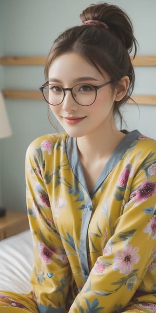 6104320A smiling and confident beauty influencer with bespectacled brown hair tied like a ponytail, yellow pajamas with floral motifs, she is in her bedroom to sleep, bed sheets and pillows