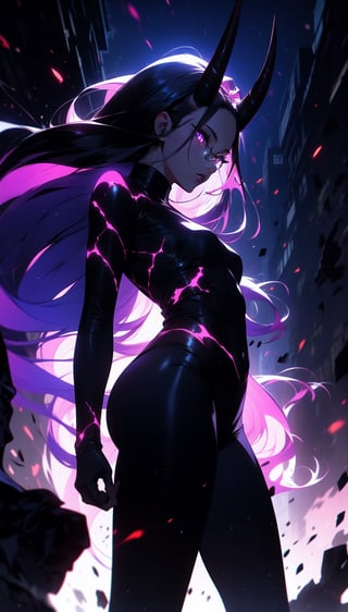 One women, long_hair, black hair, purple eyes, horns,  side view, glowing eyes, solo, standing alone in the dark,