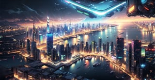 A city landscape, retro_artstyle, cyberpunk lights, at night, new york city, view from sky,